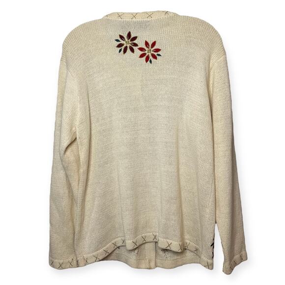 Vintage In Resource Cream Poinsettia Beaded Holiday Cardigan Sweater Sz Medium - Picture 7 of 10